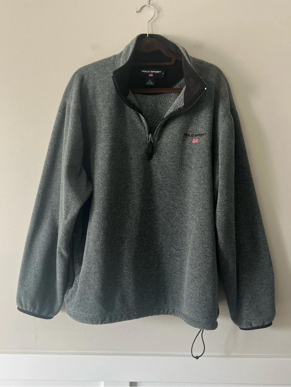 Vintage Polo Sport Ralph Lauren XXL Gray Fleece Quarter Zip Pullover USA Flag